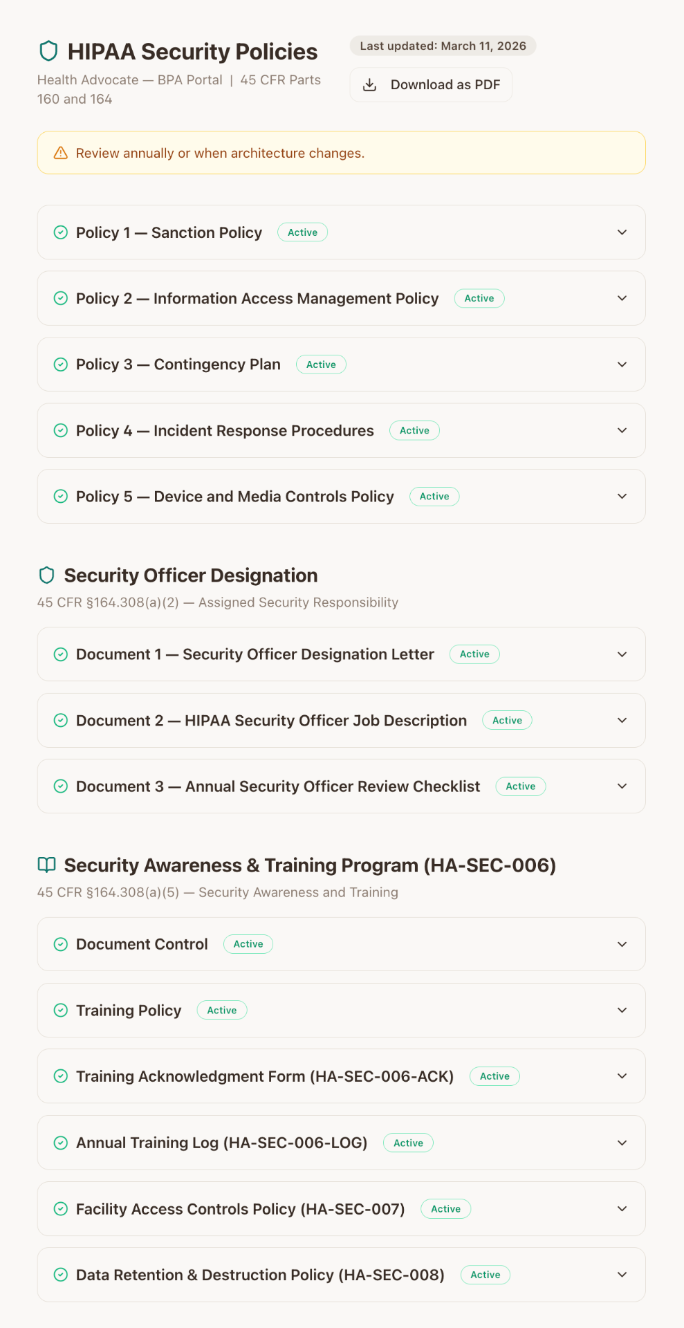 HIPAA Security Policies in Bright Health Platform